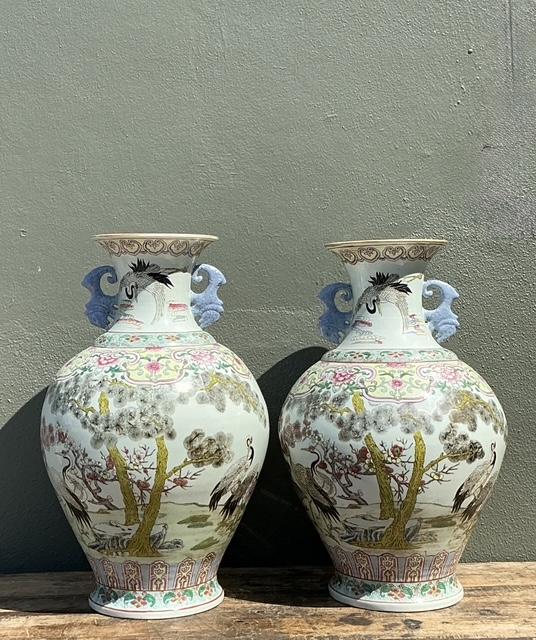 Vintage Asian Hand Painted Crane Urns - A Pair - Detail view