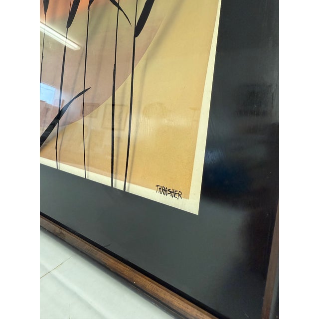 Vintage Mid Century Modern Framed Print, Sunset Gradient With Textured Wheat Silhouettes, Signed Art by Thrasher For Sale - Image 4 of 12