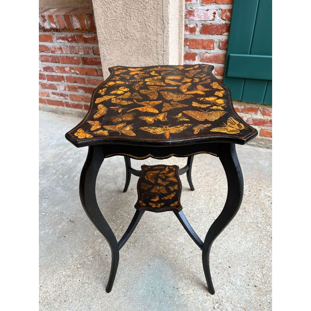 Black Vintage French Side Table Chinoiserie Butterfly Black Lacquer Hollywood Regency For Sale - Image 8 of 18
