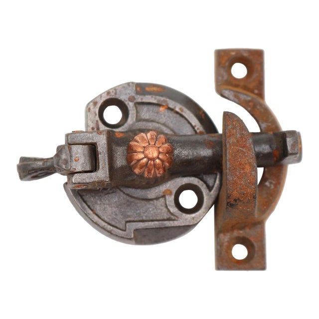 Antique Cast Iron Window Lock With Copper Plated Brass Button For Sale