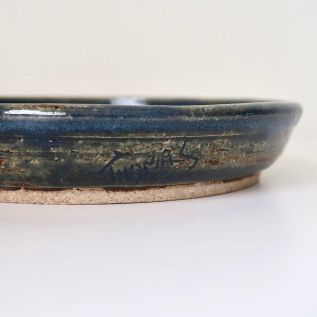 Signed Studio Pottery Ceramic Colander Dish in Mottled Blue Glaze For Sale - Image 14 of 15