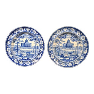 Boston State House Pair of Staffordshire Blue and White Pottery Plates, John Rogers & Son Circa 1825 For Sale