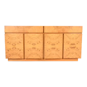 Milo Baughman Style Burl Wood Sideboard, Credenza, or Bar Cabinet, Newly Refinished