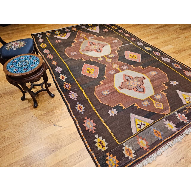 Vintage Turkish Kilim Rug, Handwoven Wool, Chocolate Brown, Pale Green, 7x11 For Sale - Image 14 of 15
