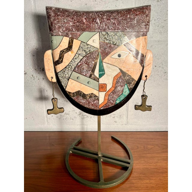 This gallery art piece is a gorgeous mix of rare colored marble and stone inlaid in brass. On a custom made stand. There...