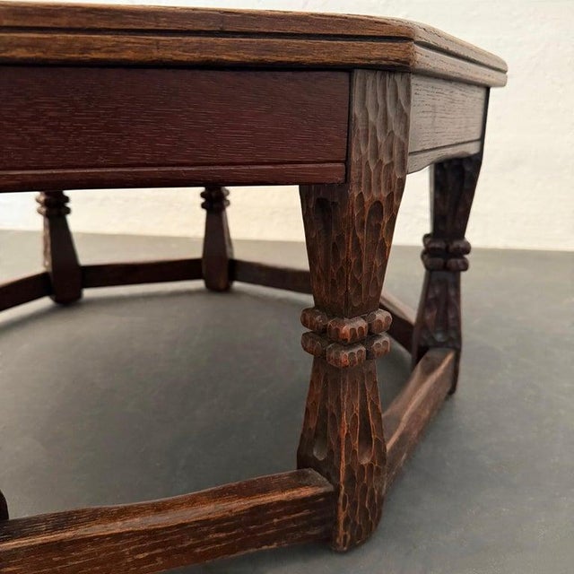 1950s Romweber Furniture Co. Octagonal Oak and Leather Coffee Table For Sale - Image 10 of 10