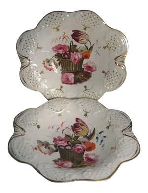 Early 19th Century English Porcelain Flower Basket Decoration Plates - A Pair