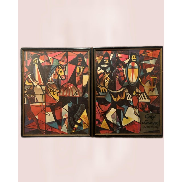 Wood Vintage 1950s Abstract Mid-Century Modern Café Lounge & Bar Framed Print After Peter Ostuni Savoy Hotel Mural - Set of 2 For Sale - Image 7 of 7