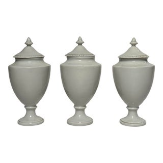 Vintage Small Neoclassical White Porcelain Lidded Urns, Set of 3 For Sale