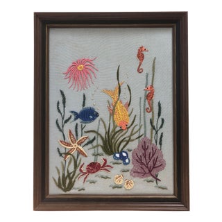Vintage Framed Under the Sea Crewelwork For Sale