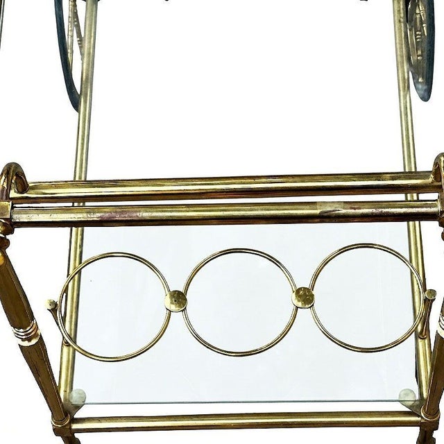 Mid-Century Regency French Solid Brass & Glass Bar Cart W/ Bottle Holder For Sale - Image 9 of 11