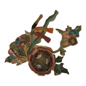 Orange and Green Crewel Embroidery Applique Fragment