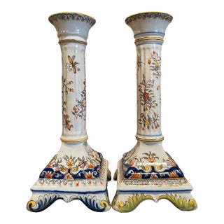 Pair of Mid-Century French Rouen Faience Candlesticks With Floral Decor For Sale