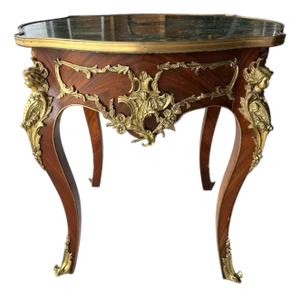 Antique Louis XV-Style Center Hall Table With Green Marble and Ornate Ormolu