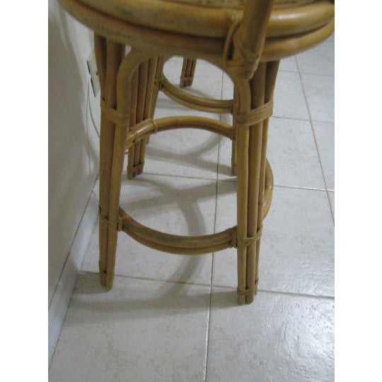Coastal 1980s Honey Bamboo Rattan Swivel Barstools- Set of 2 For Sale - Image 3 of 12