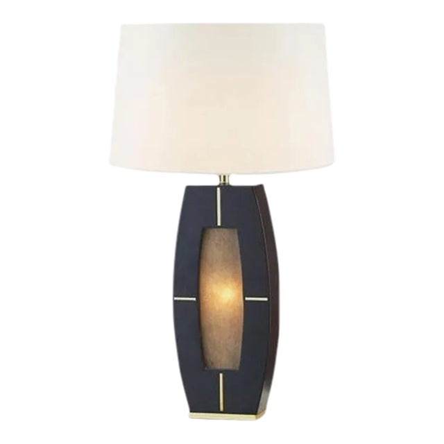 Delacey Table Lamp With Nightlight - Ebony Wood Finish, Weathered Brass, White Linen Shade For Sale