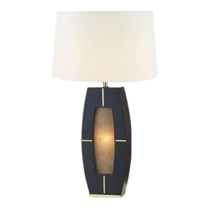 Delacey Table Lamp With Nightlight - Ebony Wood Finish, Weathered Brass, White Linen Shade
