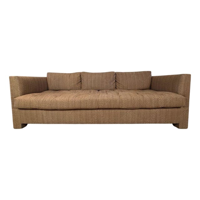 Custom Upholstered Milo Baughman Style Sofa in John Rosselli Mocha Brown Fabric For Sale