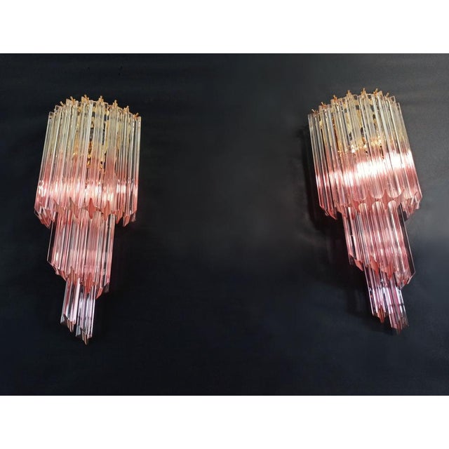 Vintage Murano Wall Sconce with 32 Quadriedri Trasparent and Pink Prism, 1990s, Set of 2 For Sale - Image 4 of 15