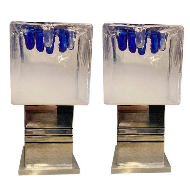 Metal Blue Murano Cubic Lamps by Gaetano Sciolari for Mazzega, 1970s, Set of 2 For Sale - Image 7 of 7