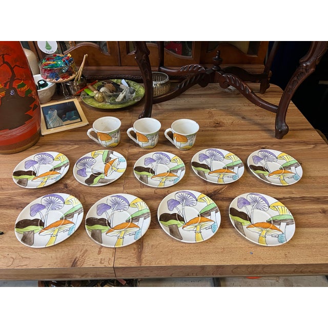 1970s 1970s Collection of Saucers and Teacups With Hand Painted Mushroom Details- Set of 12 For Sale - Image 5 of 11