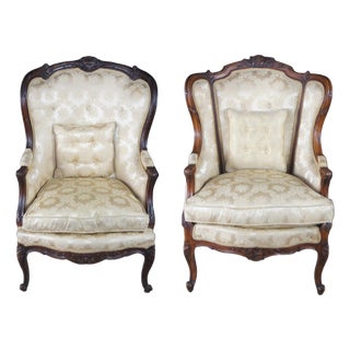 2 Antique French Louis XV Walnut Fauteuil Bergere Wingback Armchairs For Sale