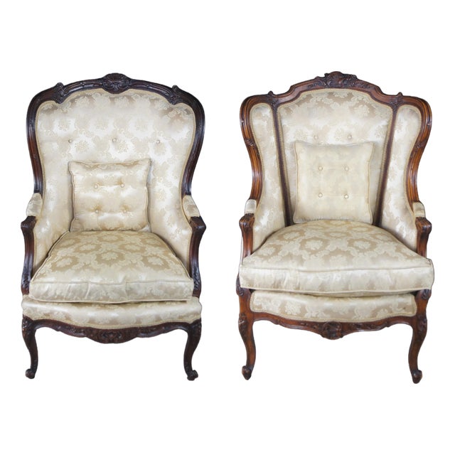 2 Antique French Louis XV Walnut Fauteuil Bergere Wingback Armchairs For Sale