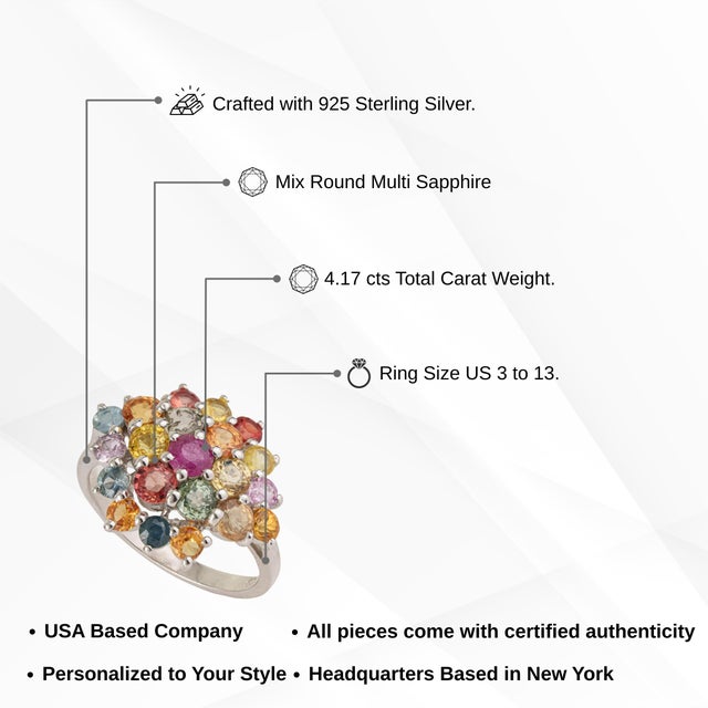 Carat&Her 4.17 Ct Rainbow Sapphire Retro Cluster Ring, Size 7 For Sale - Image 12 of 15