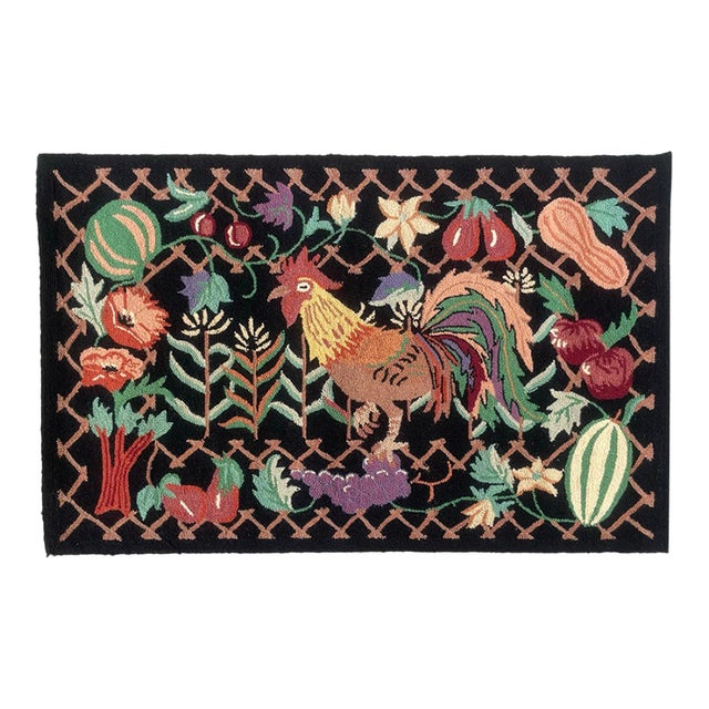 Folk Art Hand Hooked Wool Rooster Rug For Sale