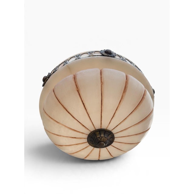 Late 20th Century Art Deco Mariner s.a. Spanish Cast Brass & Molded Alabaster Glass Inverted Bowl Chandelier For Sale In West Palm - Image 6 of 9