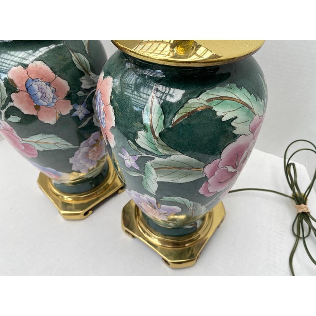 Vintage Chinoiserie Green Ceramic Floral Table Lamps With Brass Bases a Pair For Sale - Image 17 of 18