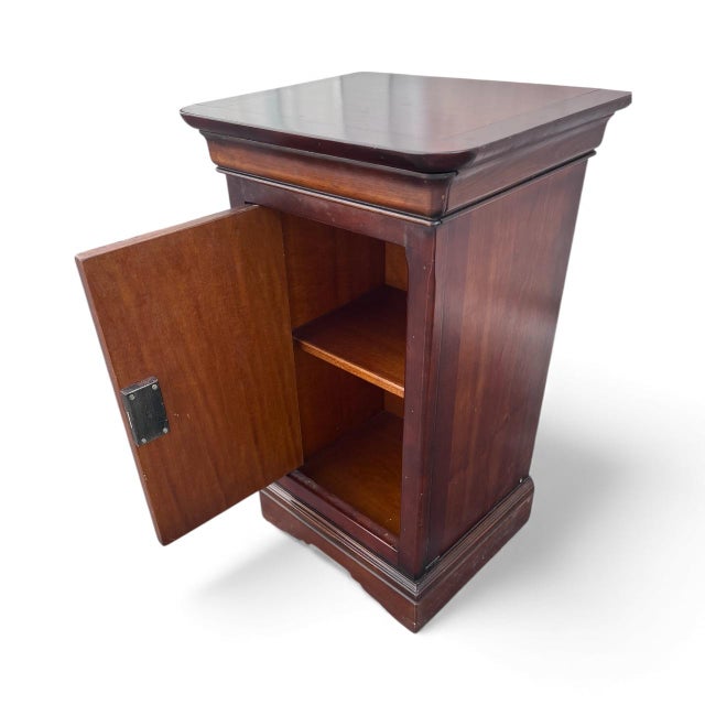 French 1940s Pair of French Empire Style Bench Made Mahogany Side Cabinets With Hidden Top Drawer. Made in France For Sale - Image 3 of 12