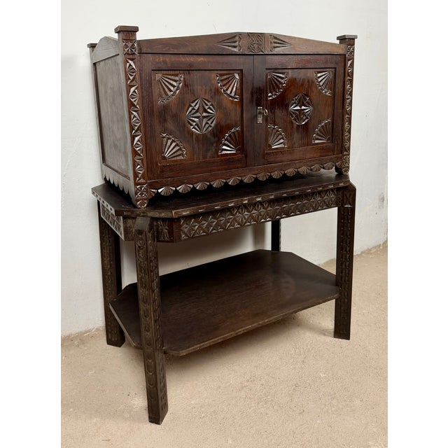 Spanish Carved Oak Bargueño on Stand, 1930 For Sale - Image 6 of 12