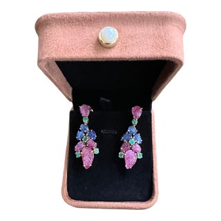 Bochic “Orient” Emerald, Ruby & Multi Sapphire Earrings Set 18K Gold&Silver, 2 pieces For Sale