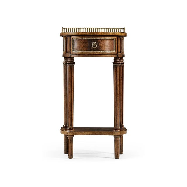 George III Style Mahogany demilune console table with a fine cast pierced antiqued brass gallery, single drawer with brass...