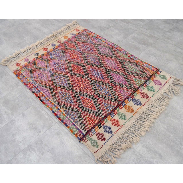 Vintage Hand Woven Kilim Rug. Turkish Jajim Wool Kilim Sofreh Deco Rug Embroidered - 3′5″ X 4′5″ For Sale - Image 6 of 12