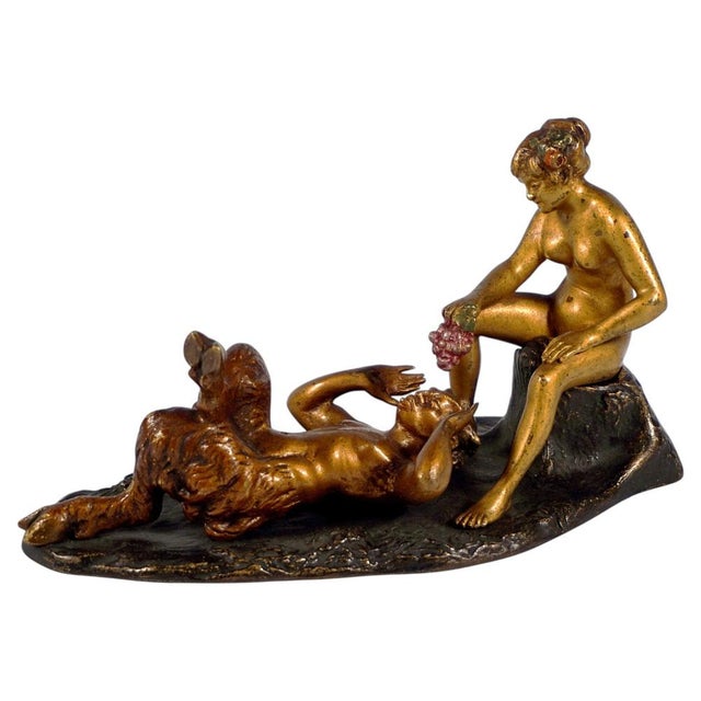 Metal Bronze Faun with Nude Female from Franz Bergmann, 1920s For Sale - Image 7 of 7