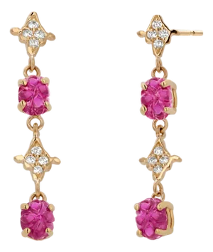 Yellow Gold Drop Diamond Earrings With GIA-Certified No-Heat Carved Burma Rubies, A Pair