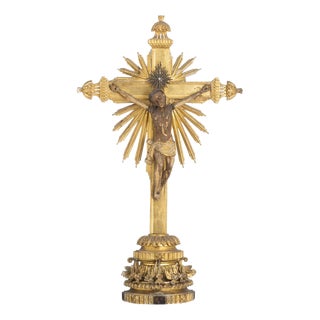 Portuguese Artist, Sacred Crucifix, 19th Century, Polychrome and Gilded Wood For Sale