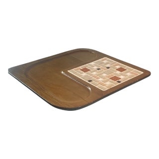 Vintage Hellerware Mid-Century Modern "Boomerang" Wood Cheese Board With Abstract Tile Inlay For Sale