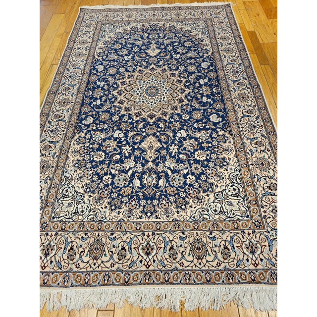 Vintage Persian Nain Rug, Handwoven Floral Pattern, Silk Highlights, Blue & Ivory, 6’ X 9’ For Sale - Image 12 of 12