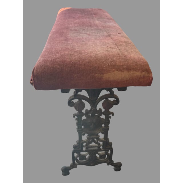 Metal Antique Cast Iron Upholstered Bench Red Velvet Seat Victorian Gothic Hall Bench For Sale - Image 7 of 10