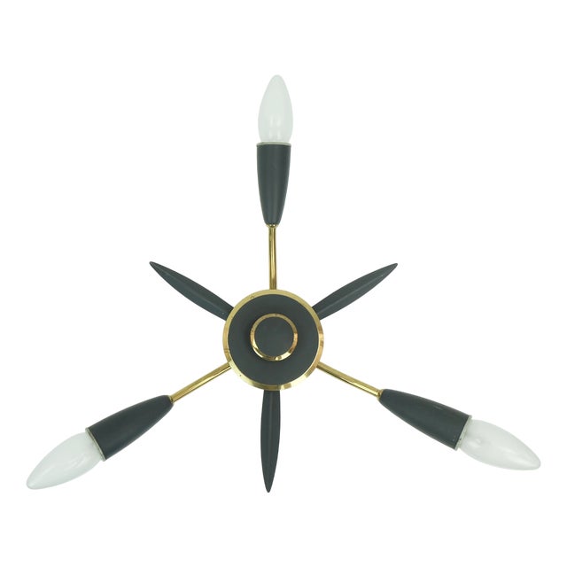 Mid-Century Modern Sputnik Three-Light Ceiling Fixture in Brass and Dark Grey Metal, 1950s For Sale