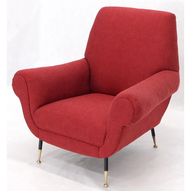 Pair of Red Upholstery Italian Lounge Chairs Brass Feet For Sale - Image 11 of 13