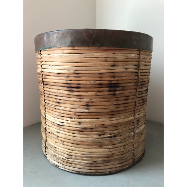 Mid-Century Modern Vintage Italian Rattan Basket With Copper Rim For Sale - Image 3 of 13