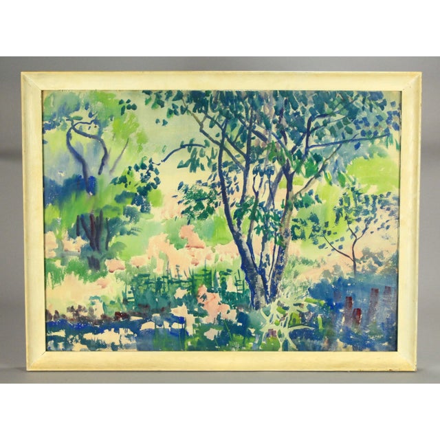 Glass Vintage Marjorie Very American Watercolor Pointillist Painting of a Wooded New England Landscape For Sale - Image 7 of 7