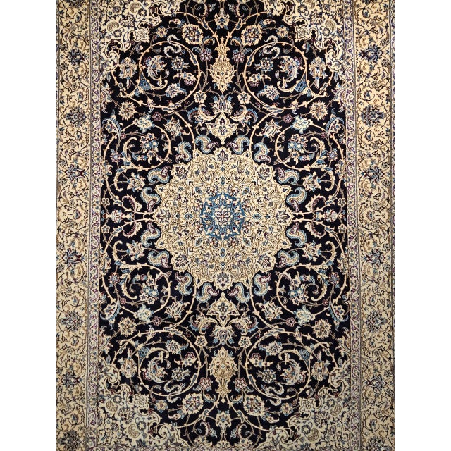 1900 - 1909 Vintage Fine Nain Habibian Area Rug, Hand-Knotted Wool & Silk, Floral Pattern, 5x8, Navy & Ivory For Sale - Image 5 of 12