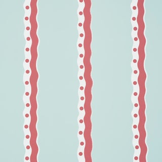 SAMPLE - Schumacher Rousseau Stripe Wallpaper In Rouge & Sky For Sale