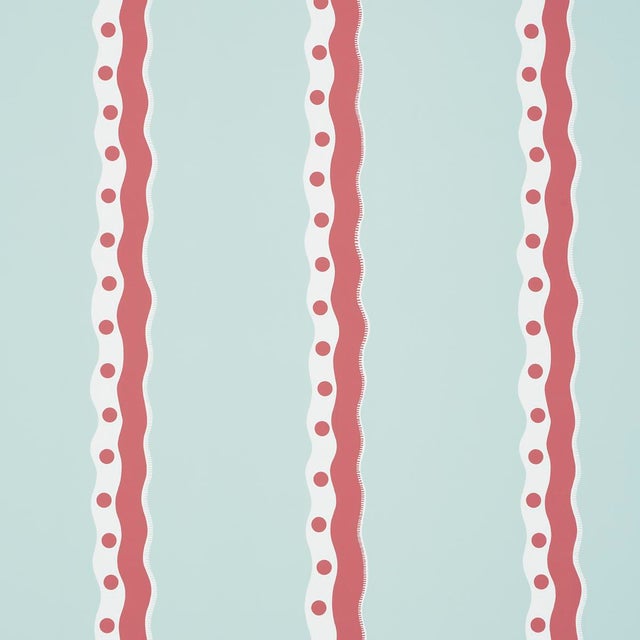 SAMPLE - Schumacher Rousseau Stripe Wallpaper In Rouge & Sky For Sale