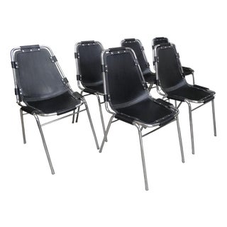 Black Leather Dining Chairs by Charlotte Perriand for Les Arcs, 1960s, Set of 12 For Sale